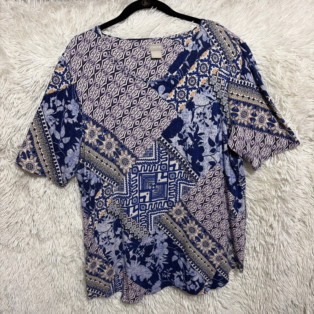 Chico's Size 3 Top Women's Blue Boho Floral Rayon Blend Short Sleeve XL Tunic